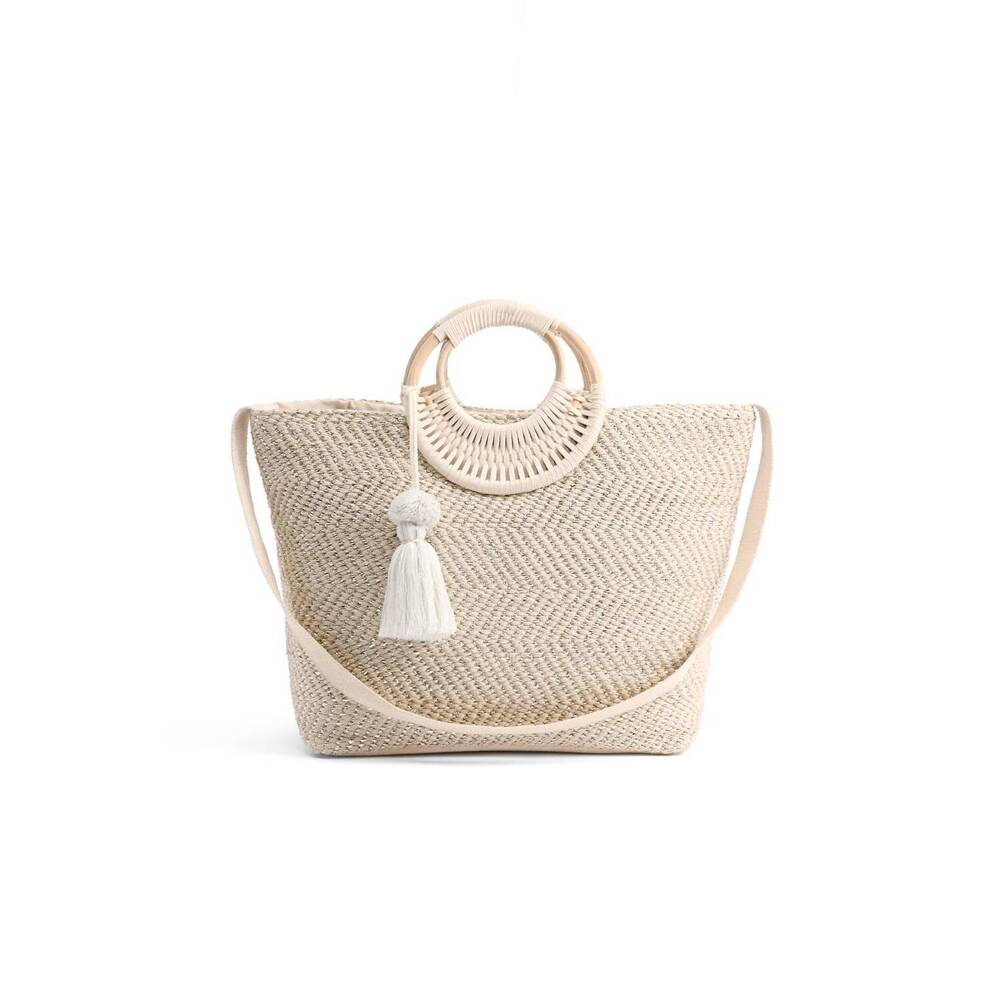 NEW AMERICA & BEYOND womens birch lurex durrie cane handle hand woven tote beach